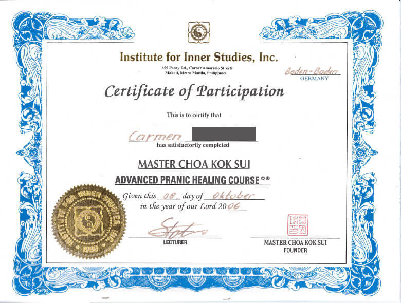 Zertifikat Master Choa Kok Sui - Advanced Pranic Healing Course