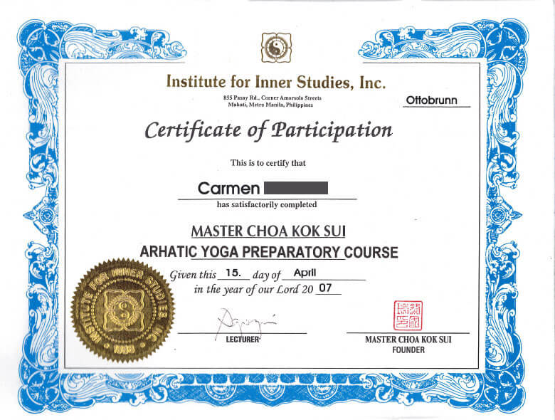 Zertifikat Master Choa Kok Sui - Arhativ Yoga Preparatory Course