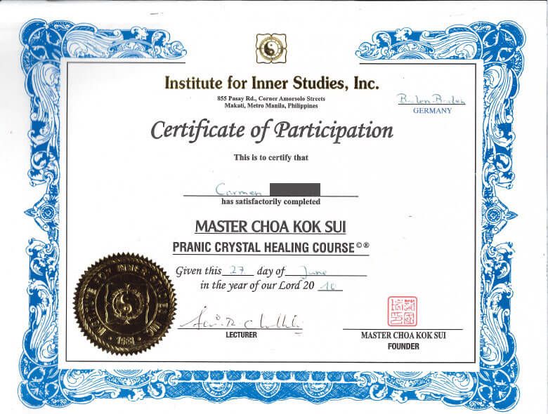 Zertifikat Master Choa Kok Sui - Pranic Crystal Healing Course